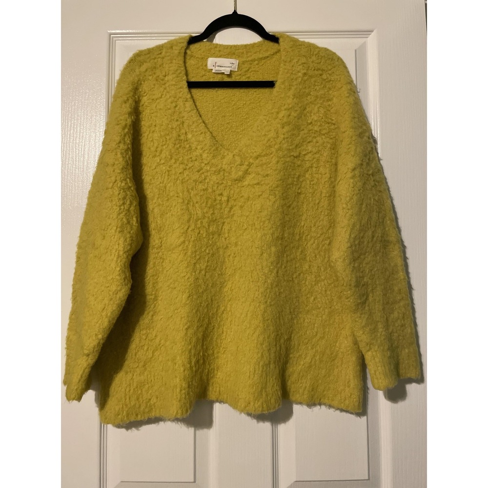 Anthropologie Sweater Womens Large Yellow V Neck Fuzzy Boucle Knit Pullover